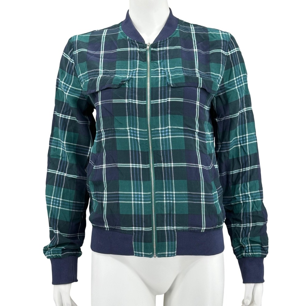 Equipment Femme Jacket Womens‎ XS Pine Green Plaid 100% Silk Abbot Bomber Preppy